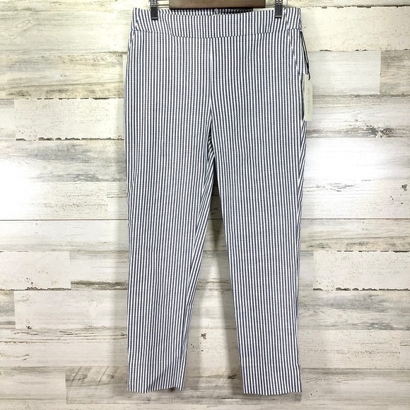 Rachel Zoe Womens White/Navy Blue Striped Stretch Pull On Crop Capri Pants 10‎ - Picture 1 of 9